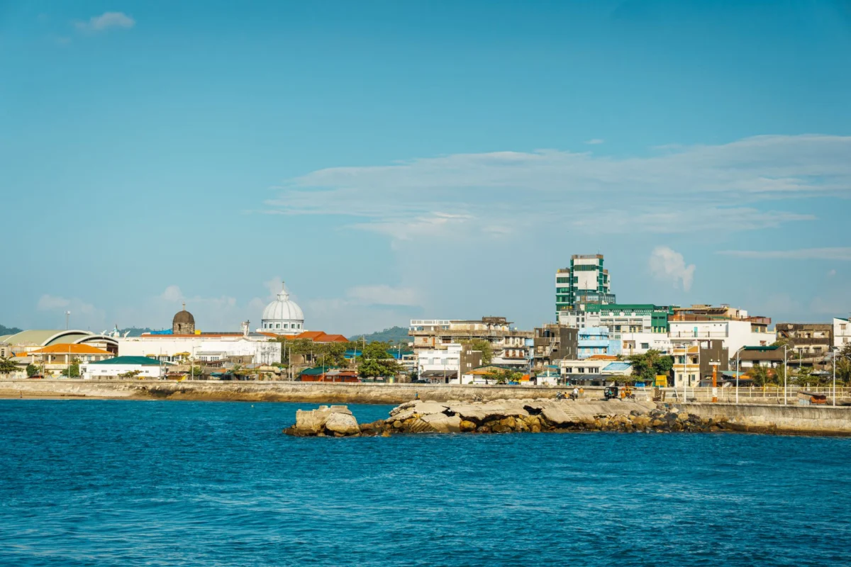 Scenic waterfront skyline of Port Vila during sunset