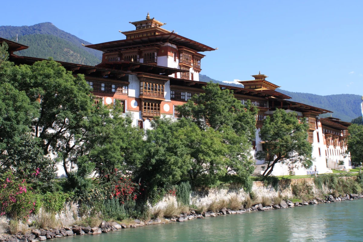Serene view of Punakha Dzong by the river