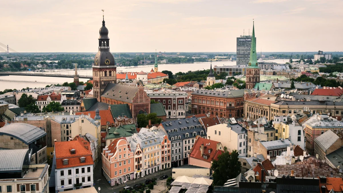 Aerial view of Riga skyline featuring historic architecture