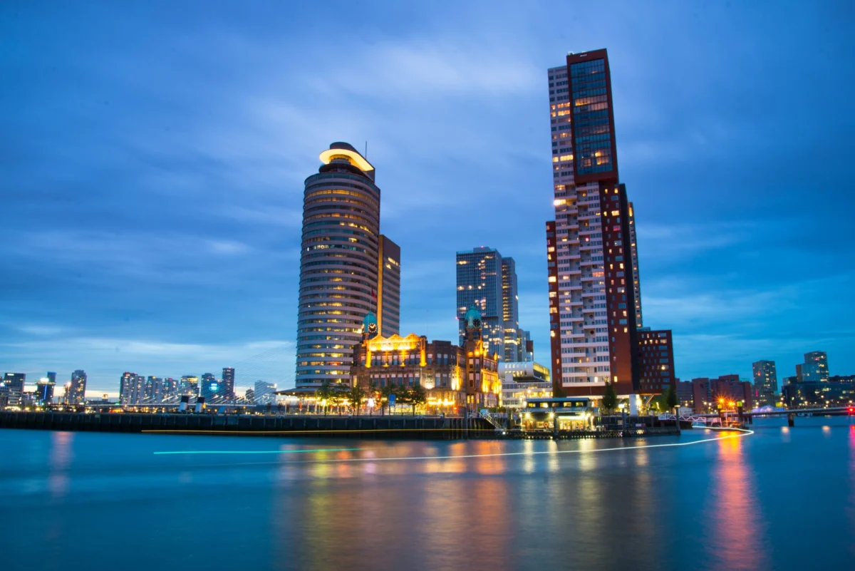 View of a luxury hotel room in Rotterdam with cityscape
