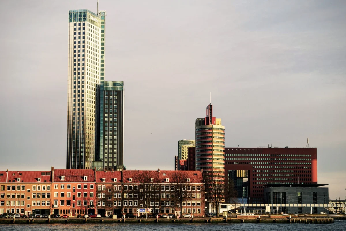 Modern skyline view of Rotterdam with iconic buildings