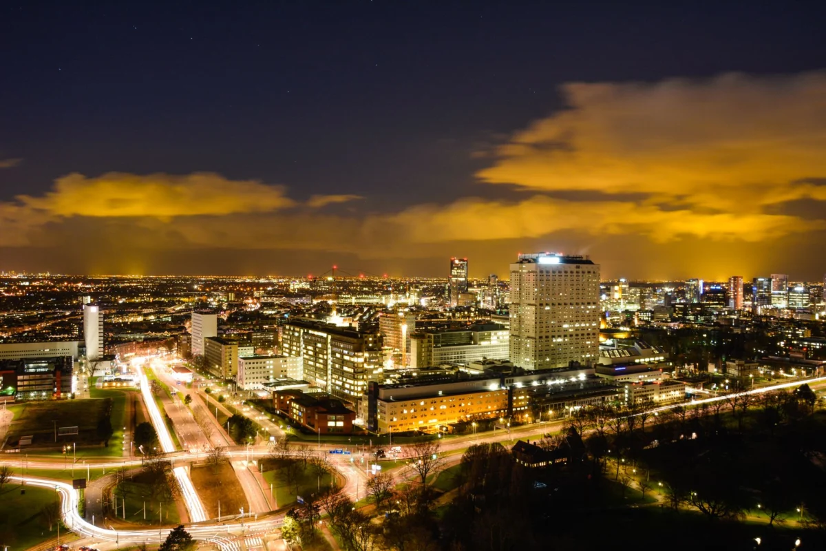 Beautiful skyline of Rotterdam illuminated at night