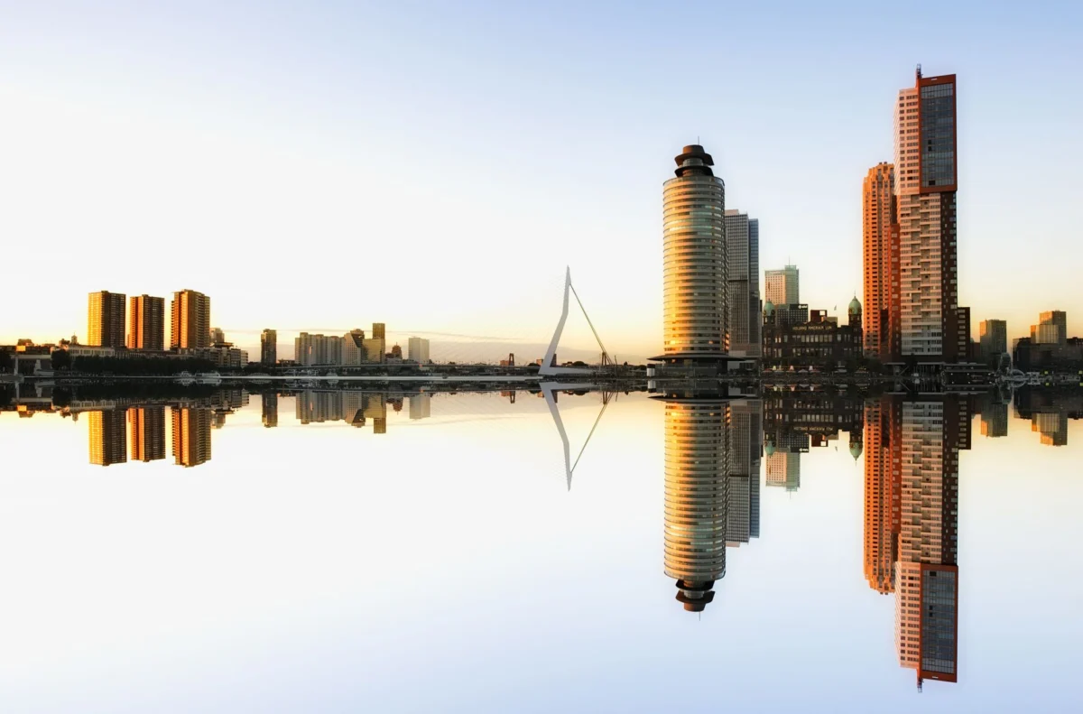 Scenic view of Rotterdam skyline at sunset