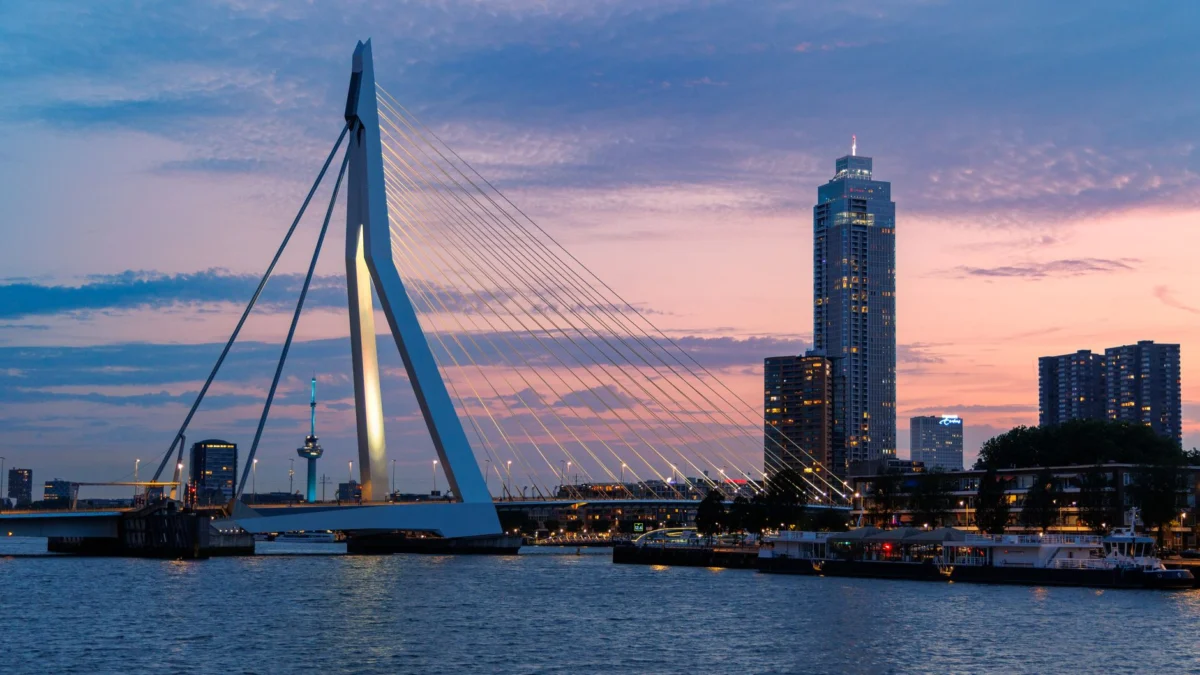 Sunset view over Rotterdam's iconic skyline and river