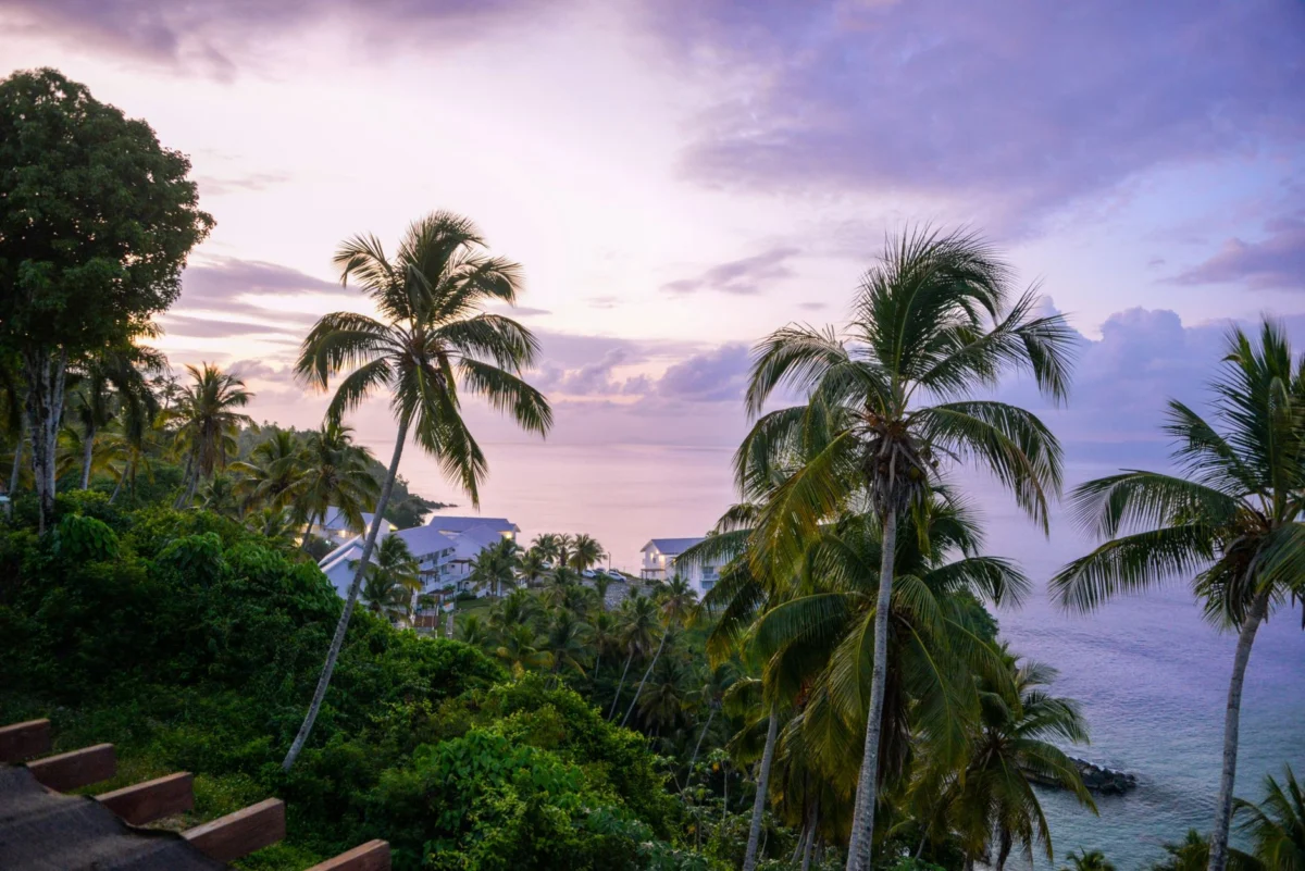 Couple enjoying a sunset view overlooking the bay in Samana