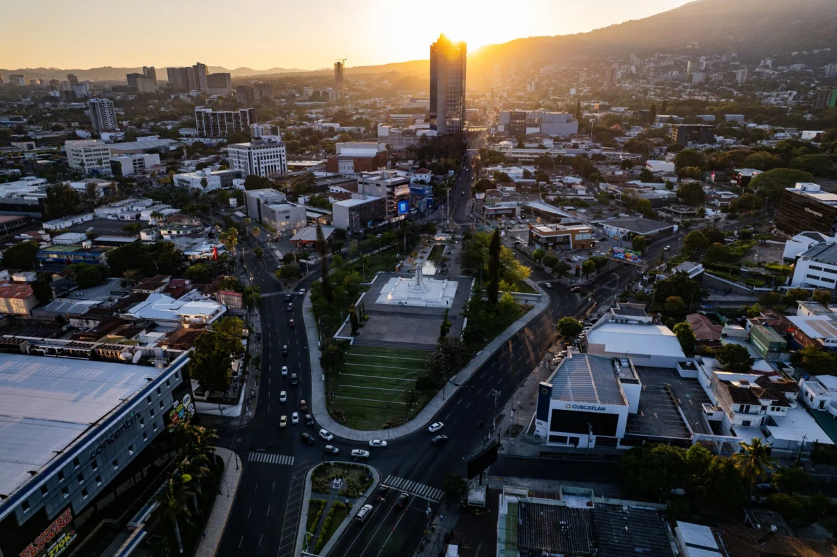 Vibrant skyline of San Salvador with a sunset backdrop