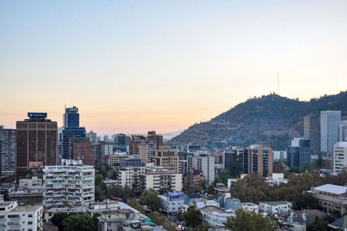Romantic Santiago skyline at sunset with Andes backdrop
