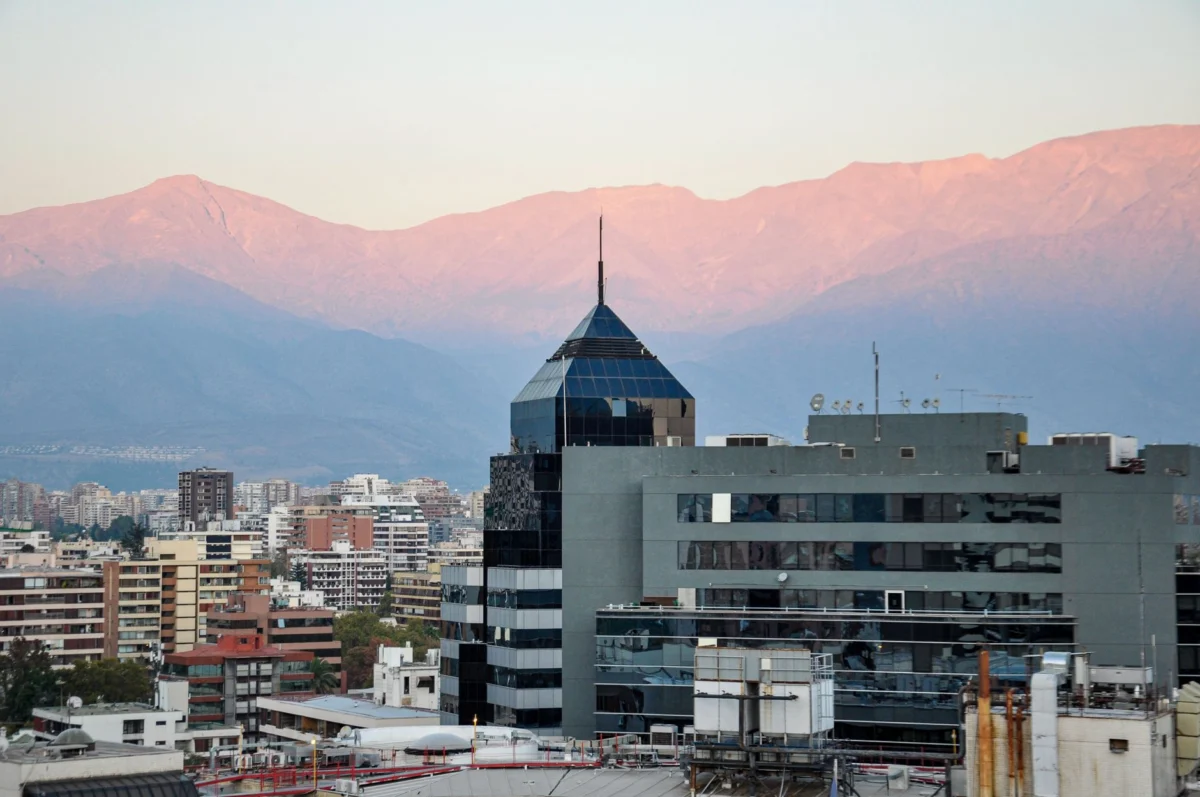 Sunset view over Santiago with the Andes Mountains in the background