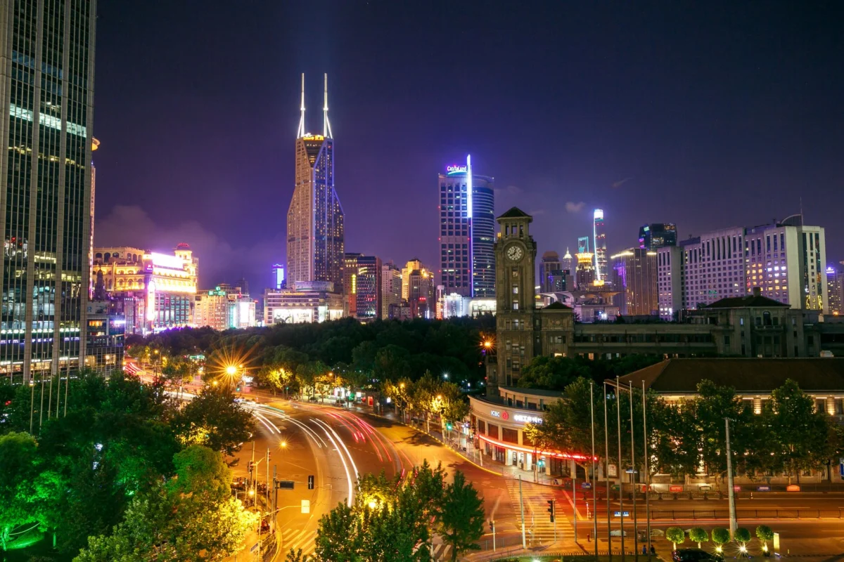 Shanghai skyline illuminated at night showcasing iconic skyscrapers