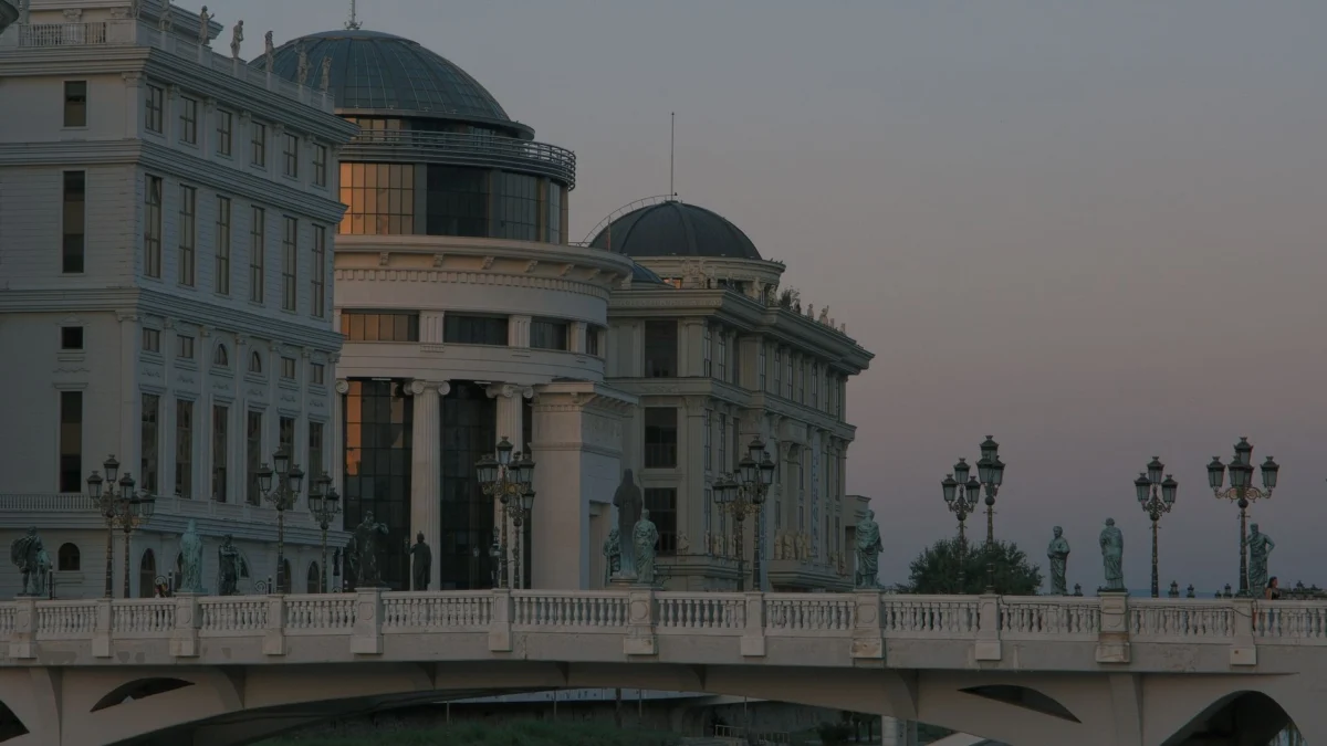 Romantic sunset view over Skopje cityscape