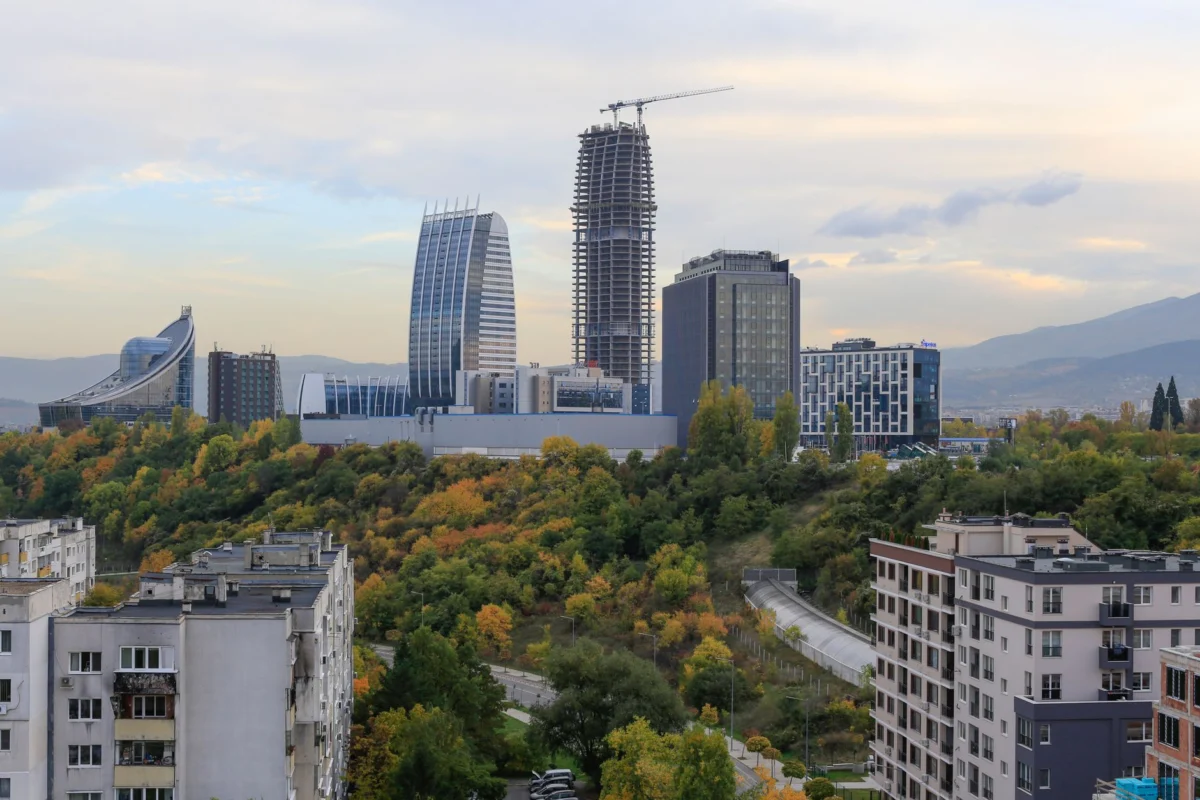 A panoramic view of Sofia's skyline by night