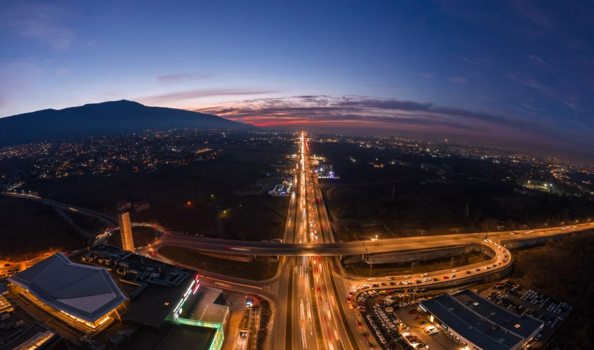 Skyline view of Sofia with iconic landmarks at sunset