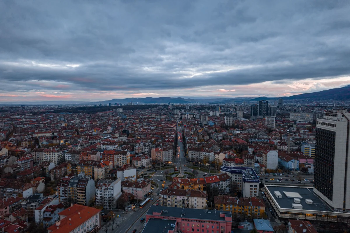 Romantic sunset view over the Sofia skyline