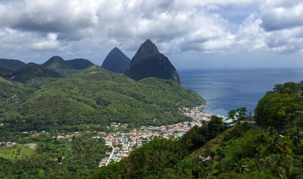 Stunning view of the iconic Pitons in Soufriere against a blue sky