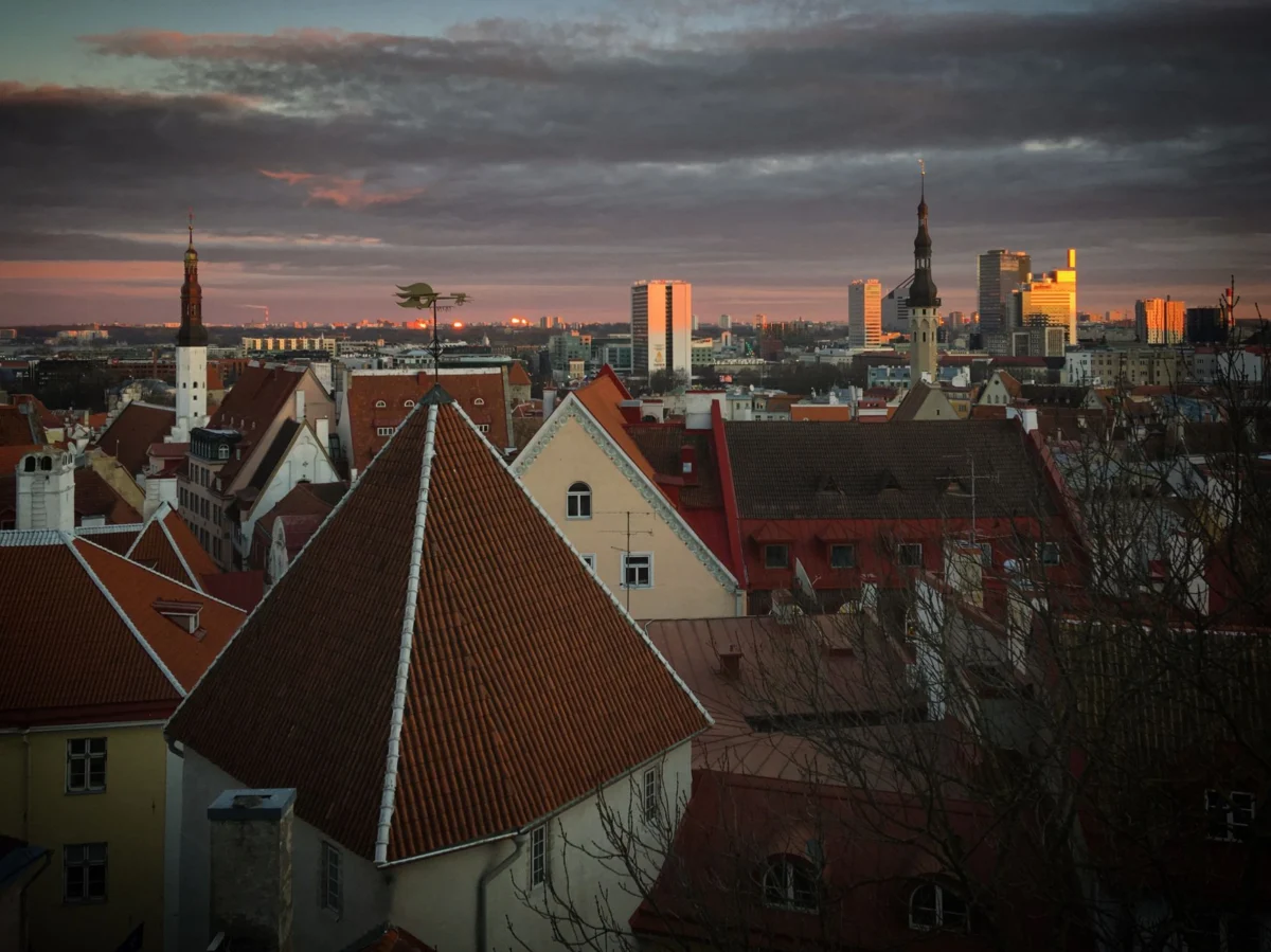 Scenic view of Tallinn's skyline at sunset highlighting key landmarks