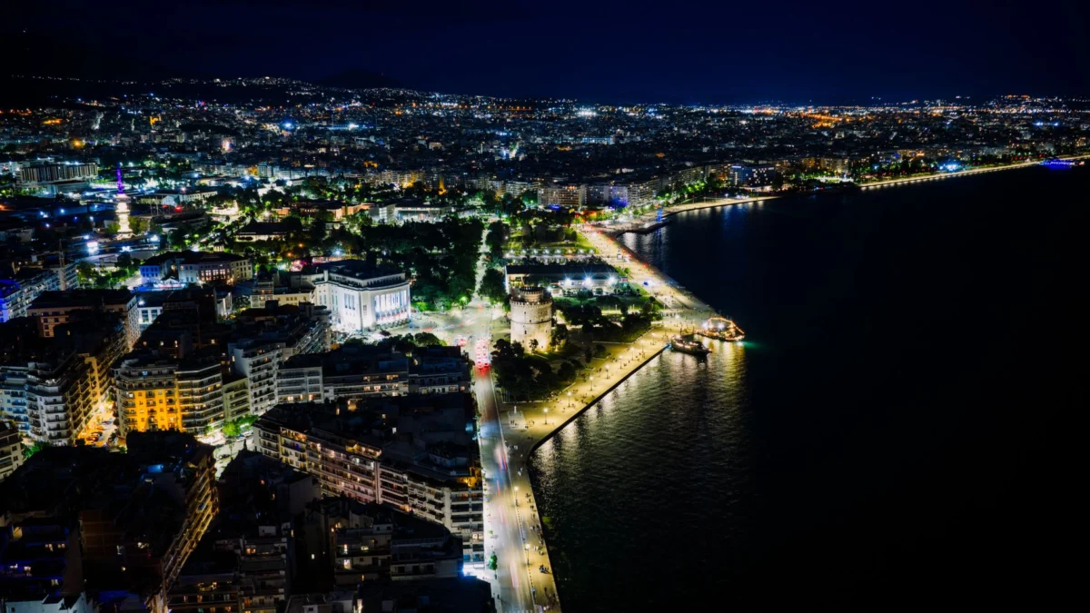 View of Thessaloniki's lit skyline at night