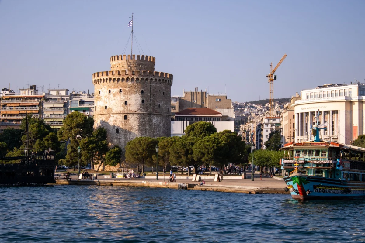 Vibrant Thessaloniki skyline at sunset near the waterfront