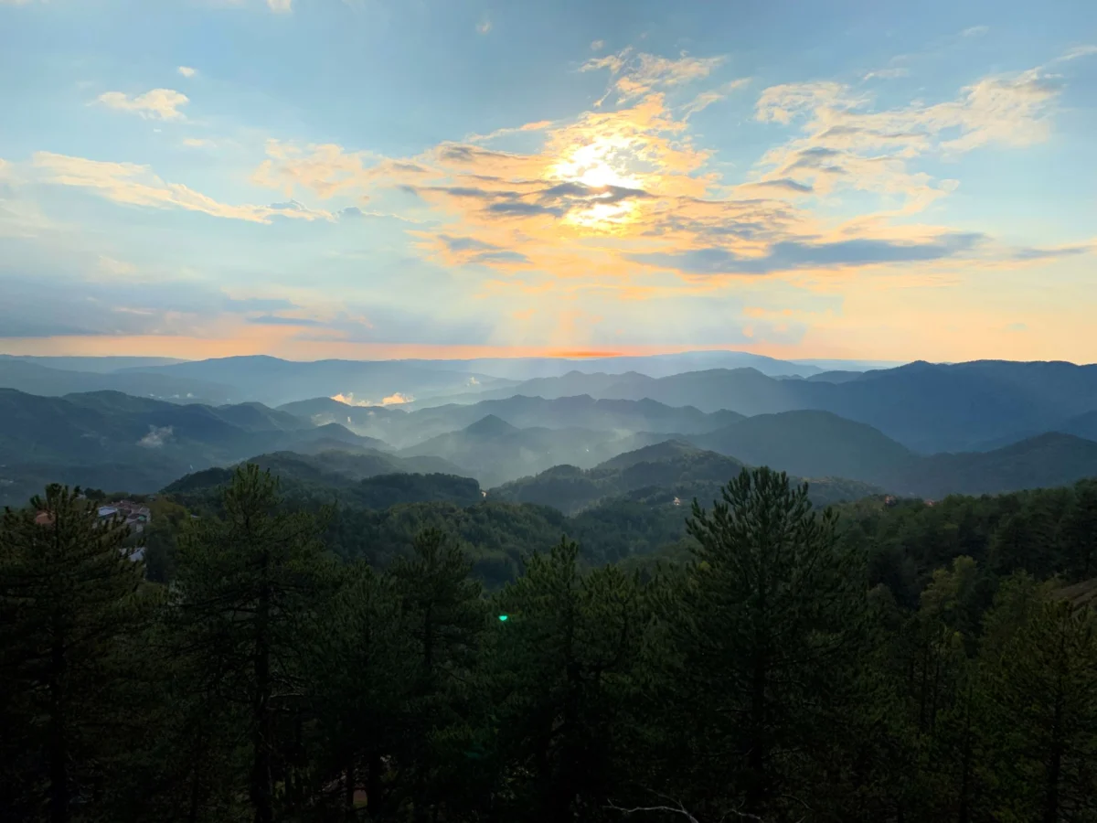 Troodos mountain village at sunset with scenic vistas