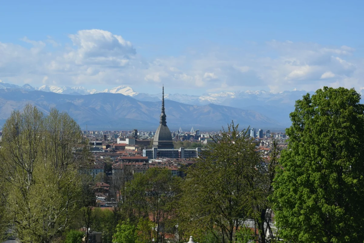 Panoramic view of Turin cityscape with the Alps in the background