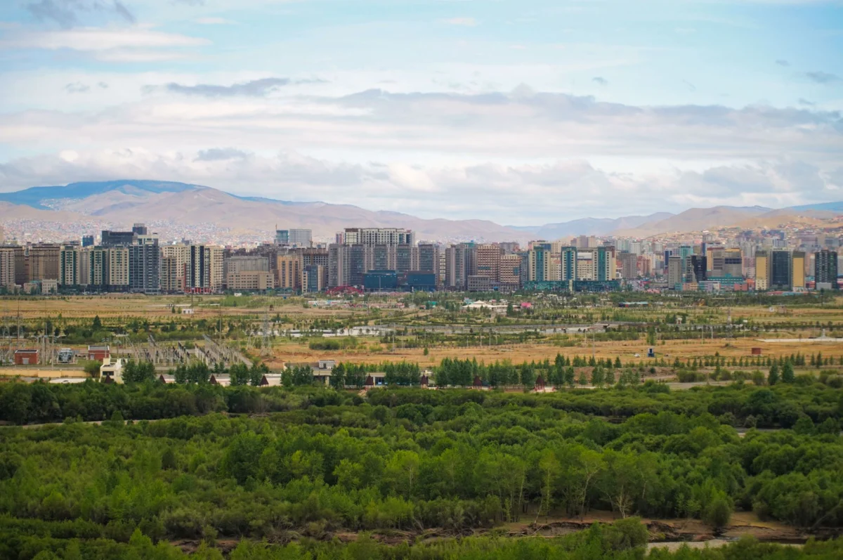 Panoramic view of the Ulaanbaatar skyline with historical landmarks