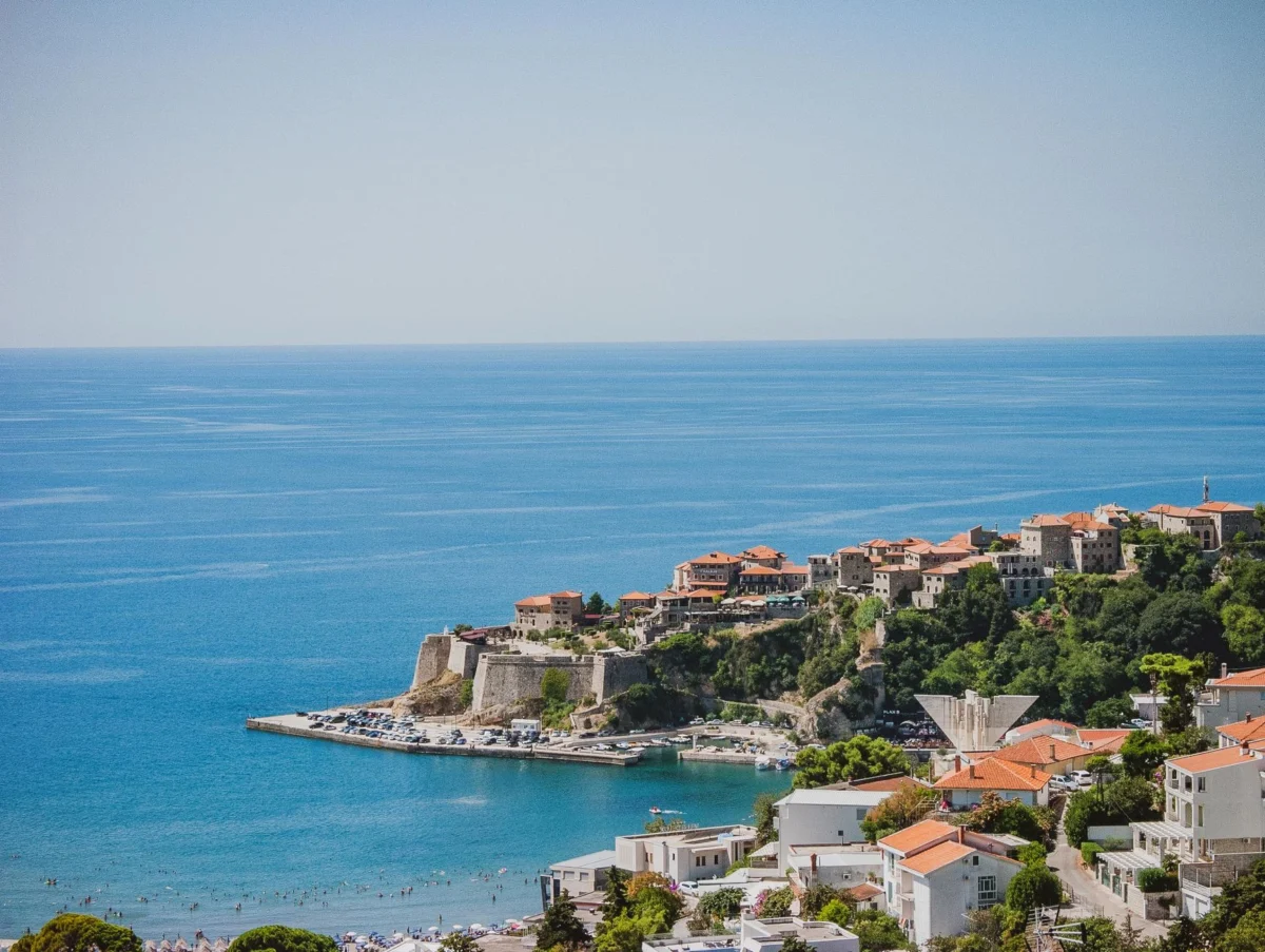 Romantic view of Ulcinj's coastal line at sunset