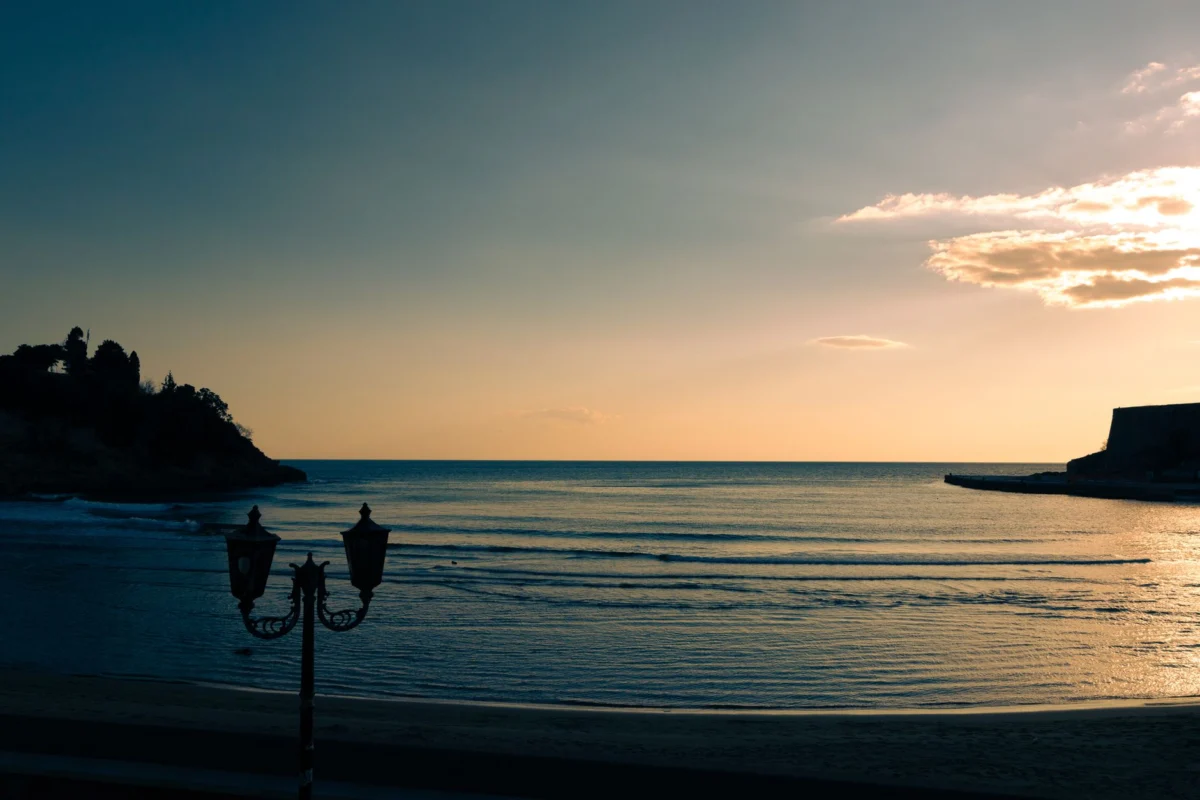 Romantic view of Ulcinj cityscape at sunset