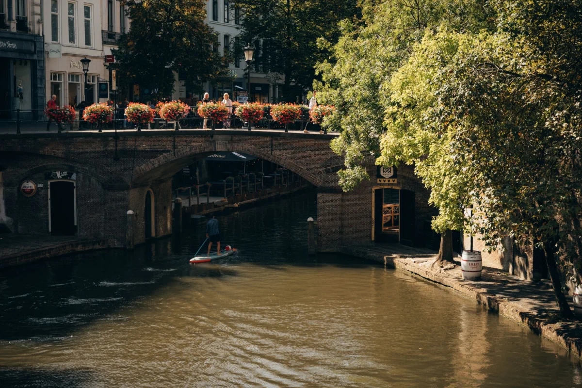 Scenic view of Utrecht canals with sunset backdrop