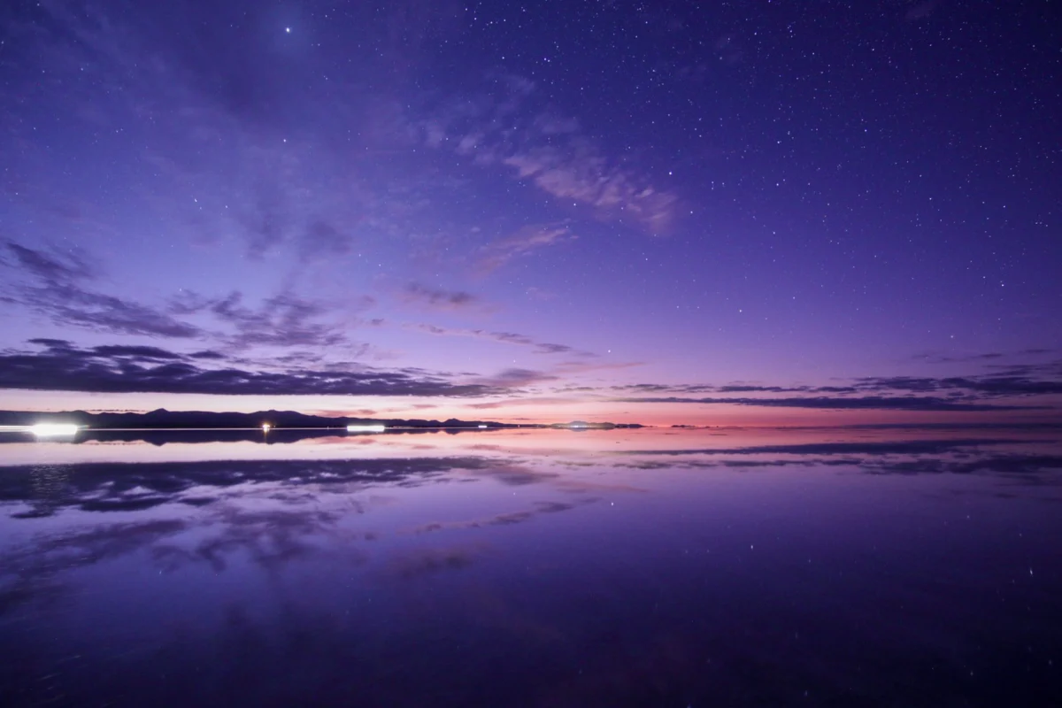 Scenic view of Uyuni salt flats at sunset highlighting Uyuni's romantic landscape
