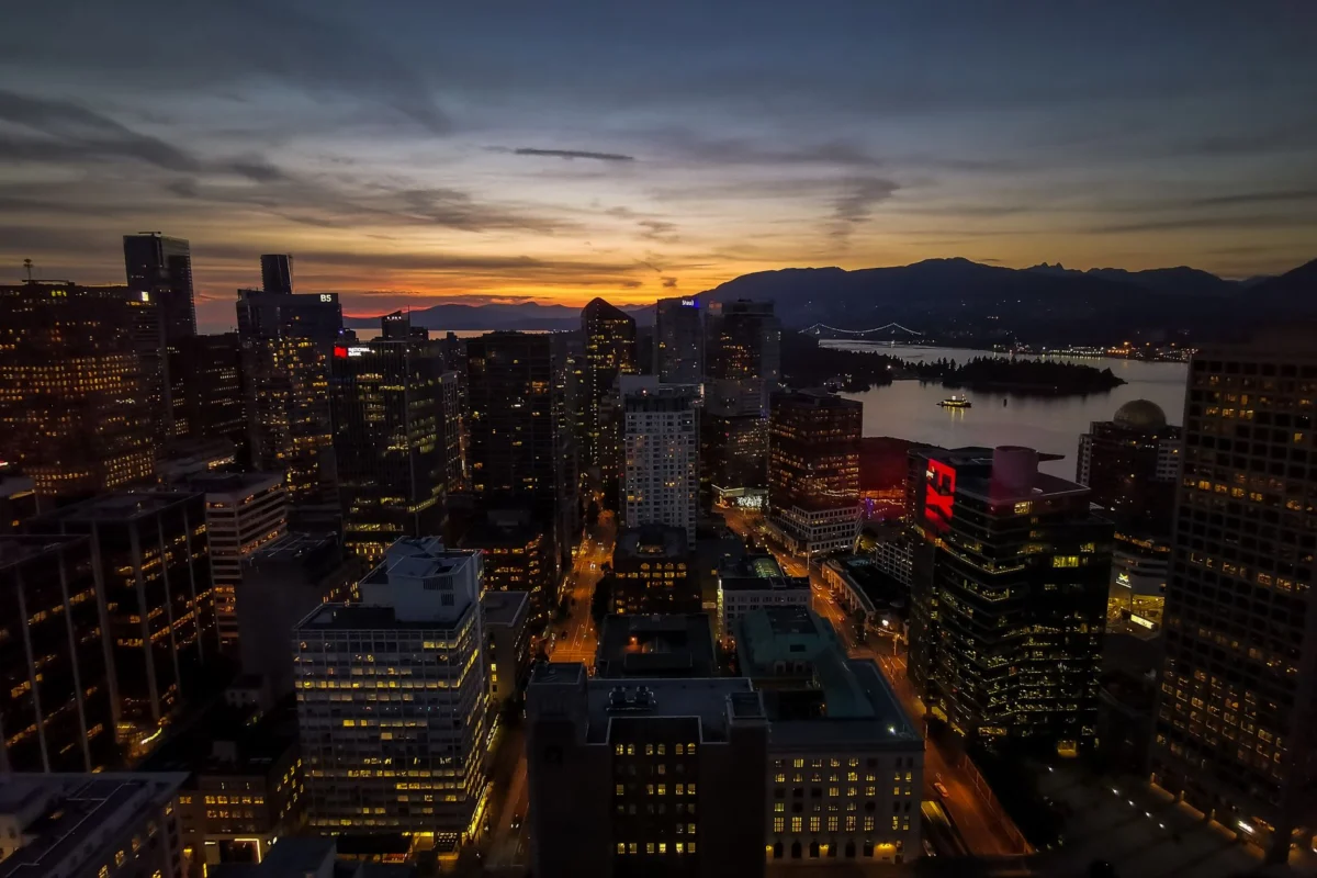 Sunset view of Vancouver skyline with mountains