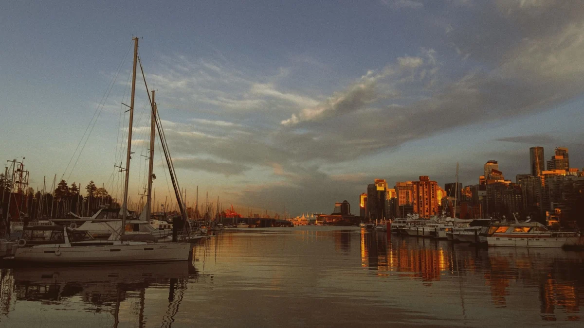 Romantic view of Vancouver skyline at sunset