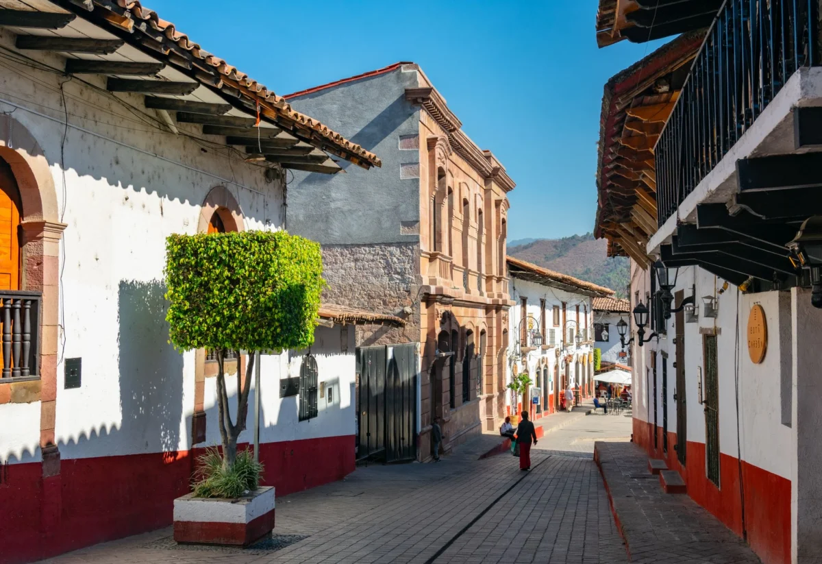 Colonial-style buildings in Villa de Leyva at sunset