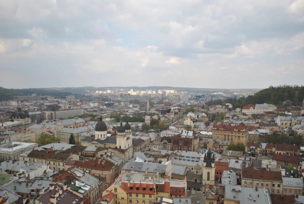 A panoramic view of Vilnius old town highlighting scenic rooftops and historic landmarks