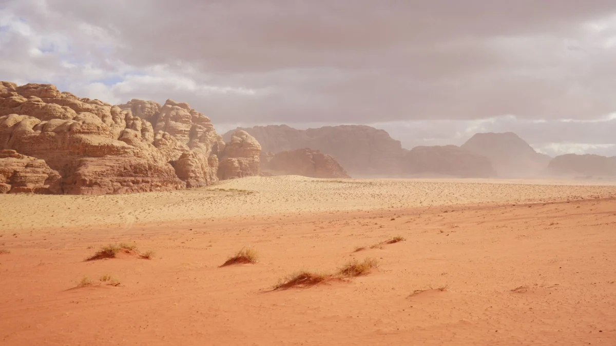 Dramatic desert landscape of Wadi Rum at sunset