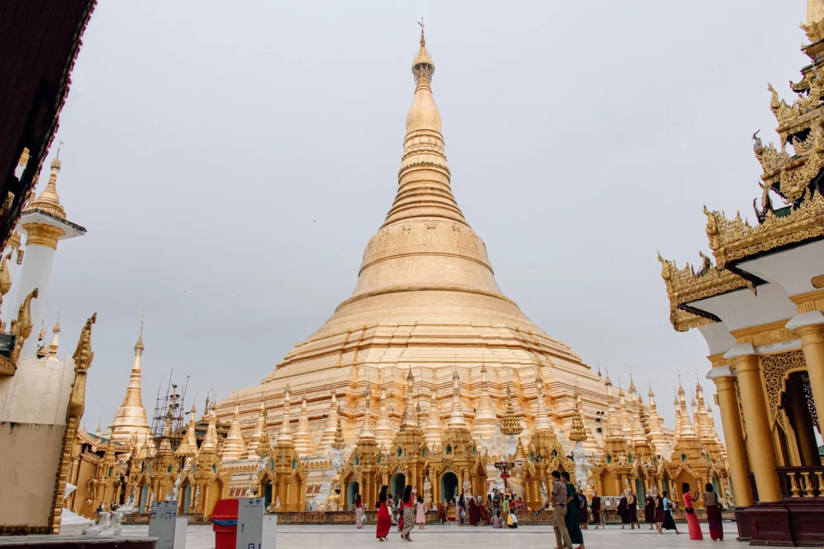 View of Yangon's Shwedagon Pagoda skyline at sunset