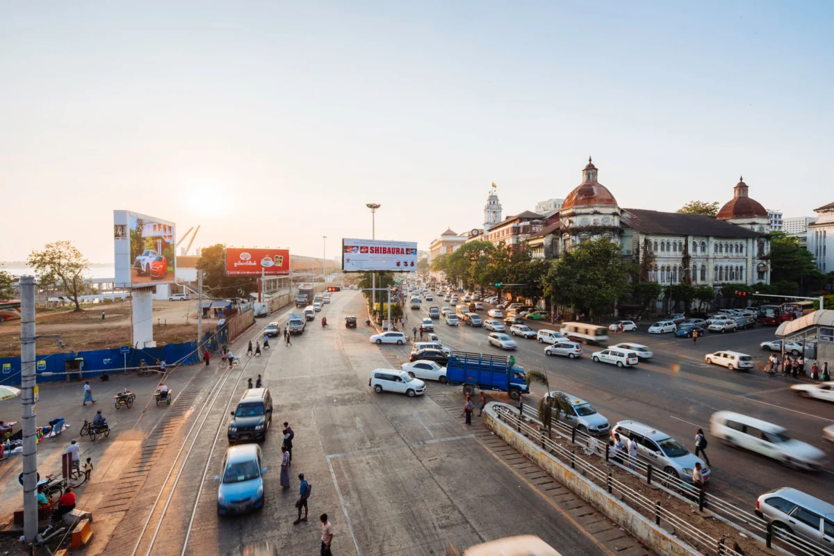 Scenic view of Yangon's iconic skyline at sunset