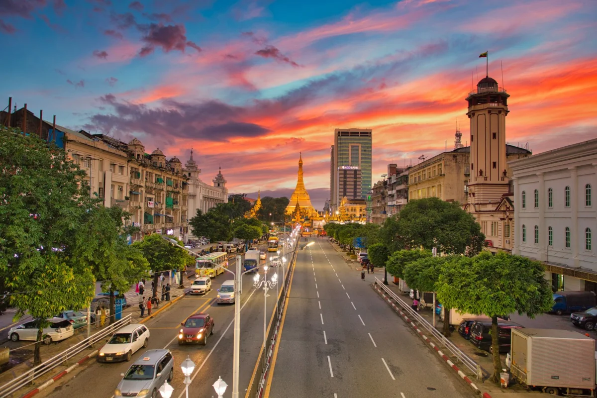 A romantic sunset view of Yangon's skyline