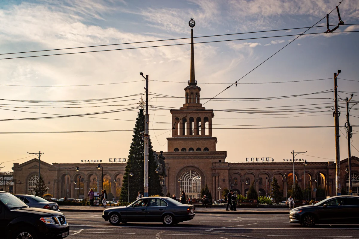 Evening view of Yerevan with city skyline and Mount Ararat