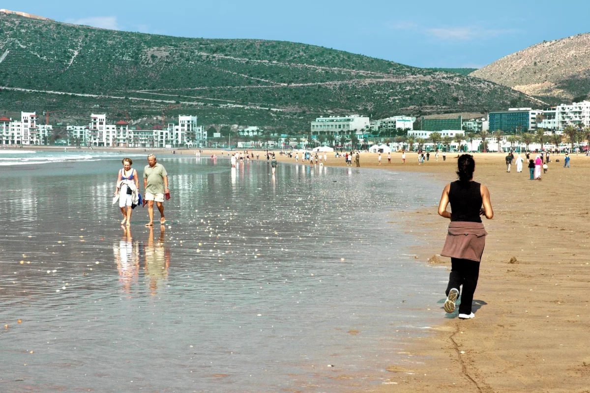 Agadir beachfront skyline with the Atlantic coast and city stretching behind it