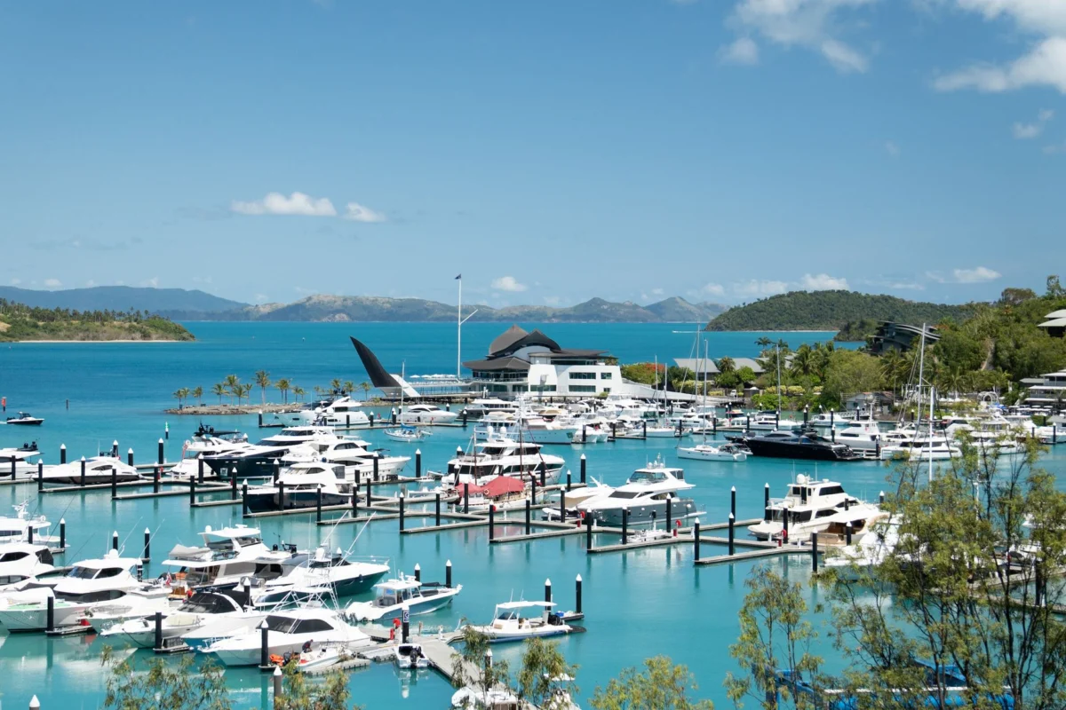 Airlie Beach waterfront and coastal skyline in Australia